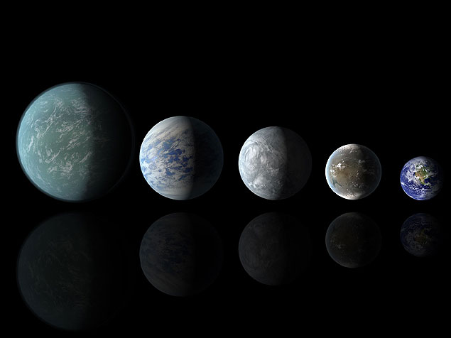 Concepo artstica compara o tamanho dos exoplanetas, Kepler-22b, Kepler-69c, Kepler-62e, Kepler 62f, respectivamente, com a Terra. A descoberta dos dois ltimos foi anunciada nesta quinta.