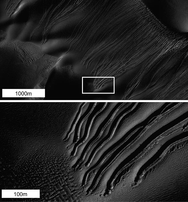 Marcas deixadas pelas pedras de gelo-seco nas dunas de Marte foram registradas por sonda