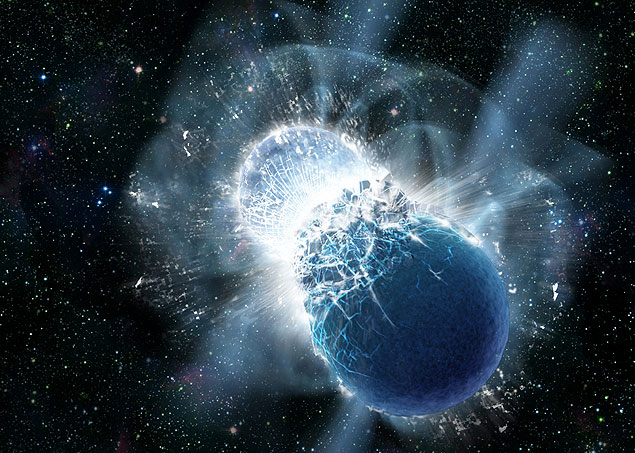 Concepção artística mostra colisão de duas estrelas de nêutrons analisada pelo telescópio Hubble