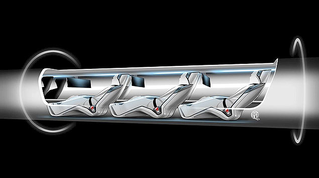 An image released by Tesla Motors, is a sketch of the Hyperloop capsule with passengers onboard.. Billionaire entrepreneur Elon Musk on Monday, Aug. 12, 2013 unveiled a concept for a transport system he says would make the nearly 400-mile trip in half the time it takes an airplane. The "Hyperloop" system would use a large tube with capsules inside that would float on air, traveling at over 700 miles per hour. (AP Photo/Tesla Motors) ORG XMIT: FX102