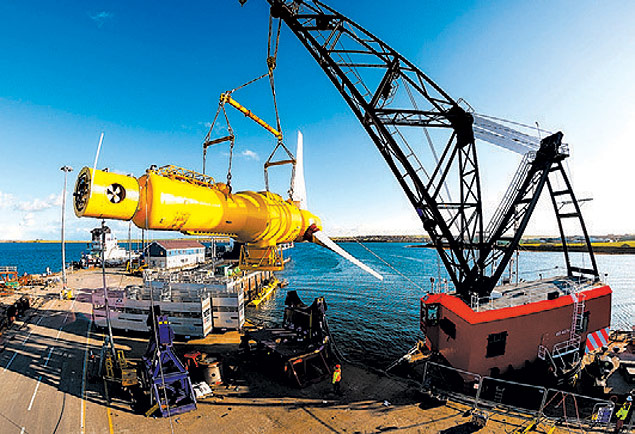 Turbina de marés usada pela companhia francesa Alstom em pesquisas energéticas no arquipé-lago das Órcades. Escócia lidera pesquisa energética de ondas 