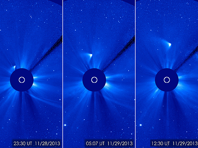 Montagem de fotos do satélite Soho, da Nasa, mostra o cometa Ison após sua aproximação máxima do Sol; parte do seu núcleo pode ter sobrevivido ao encontro solar