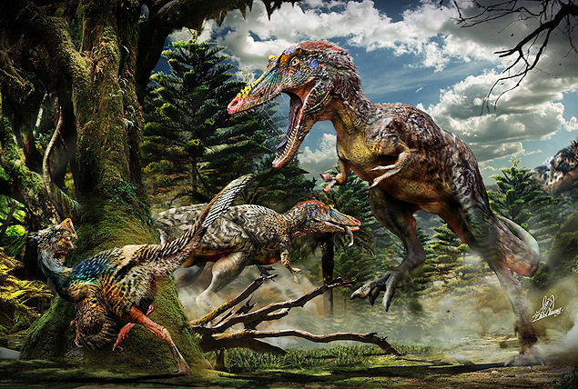 Concepção artística do Qianzhousaurus sinensis, recém descoberto por paleontólogos que o apelidaram de "Pinóquio rex" 