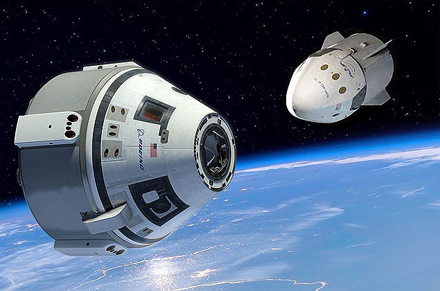 Imagem composta da nave Dragon V2 com a cpsula CST-100, que sero usadas para transportar astronautas  Estao Espacial Internacional