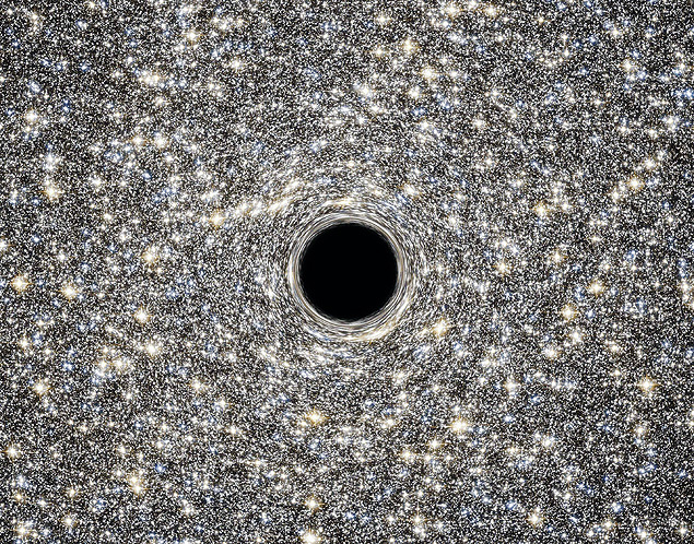 Concepo artistica divulgada pela NASA e ESA mostra como seria o buraco negro supermacio dentro de galxia an (Foto: Nasa/ESA/AFP)