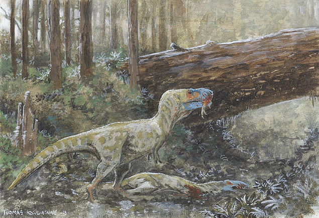 Cr�dito: Tuomas KoivurinneLegenda: Concep��o art�stica do canibalismo entre daspletossauros, membros da fam�lia dos tiranossauros