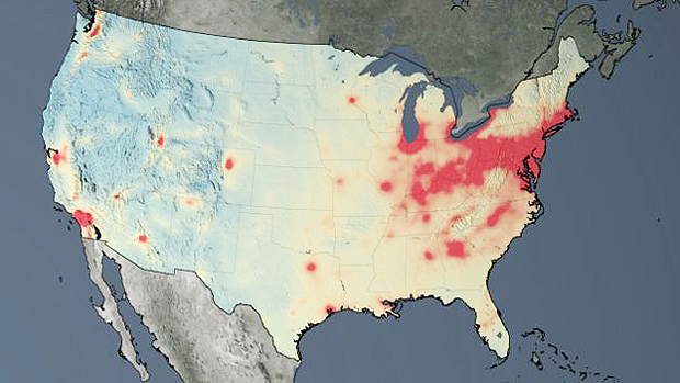 reas "vermelhas", mais poludas, diminuram nos EUA entre 2005 (acima) e 2014 (abaixo)