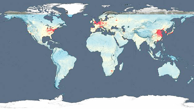 No mapa acima, de 2005, "rea vermelha" era maior nos Estados Unidos e na Europa, mas menor no norte da China