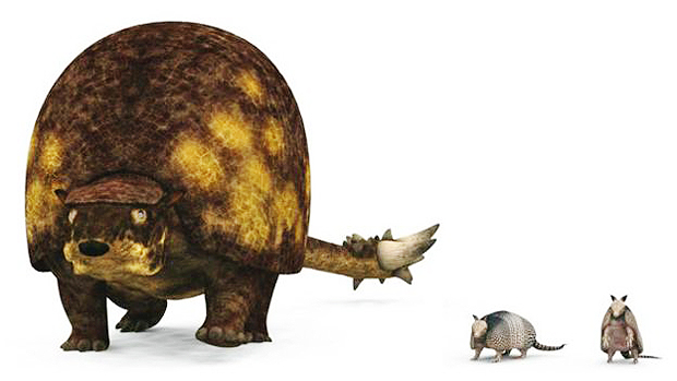 Ilustrao mostra o Doedicurus ao lado de tatus da poca atual