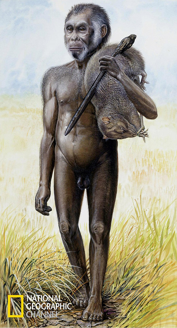 Reconstituição artística mostra _Homo floresiensis_ após ter abatido um animal.