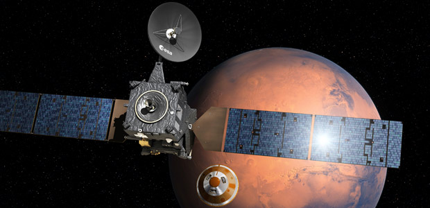 Concepo artstica mostra mdulo Schiaparelli se separando da sonda Trace Gas Orbiter
