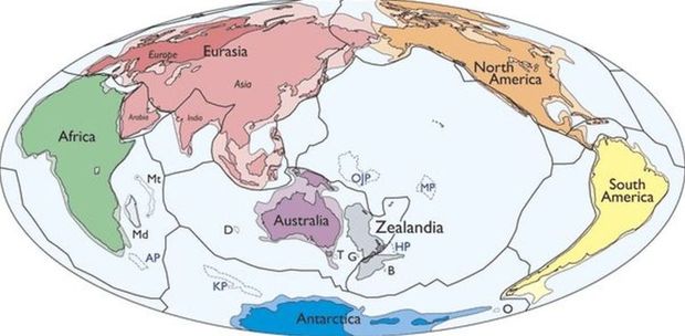 Os sete continentes conhecidos dos gelogos mais a Zelndia