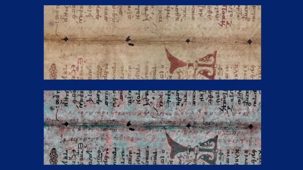 Pgina do manuscrito com textos religiosos (acima); tecnologia revela (abaixo) o que no era possvel ver