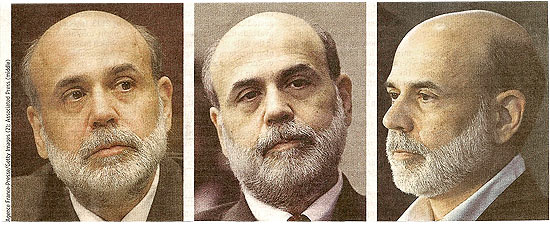 Ben Bernanke em trs momentos, lembrados pelo "Wall Street Journal": em abril de 2008, quando o Fed salvou o Bear Stearns; em julho do ano passado, com a crise piorando; e nesta semana, aps ser indicado por Obama.