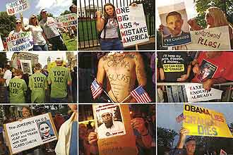 Fotos de cartazes e pessoas se manifestando contra o presidente Obama reunidos pela revista 