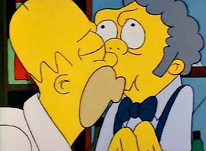 Cena do beijo gay entre Homer e Moe, no episódio "Todo o Mundo Morre um Dia"
