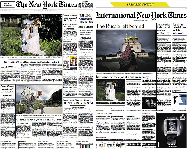 Capas do "NYT" e do "INYT" de hoje, com distribuio e destaques semelhantes