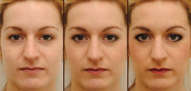 Modelo com a cara lavada ( direita) e 100% maquiada ( esquerda). No centro, aps mudana digital na foto, ela est 50% maquiada 