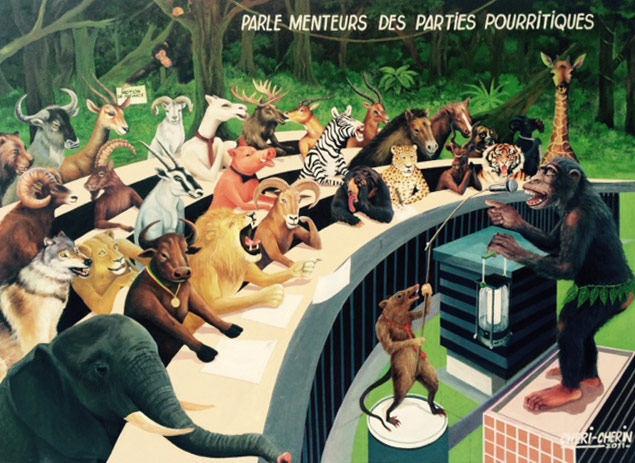 Obra do artista congols Chri Chrin exposta na Fundao Cartier, em Paris: em trocadilhos, parlamentares mentirosos de partidos podres