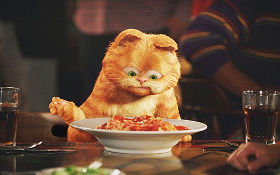 Garfield, personagem de Jim Davis, criado em 1978, e seu prato preferido, uma saborosalasanha