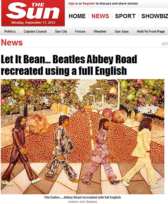 Reproduao da capa do tablide "The Sun", com a releitura da capa do lbum "Abbey Road" (1969), dos Beatles