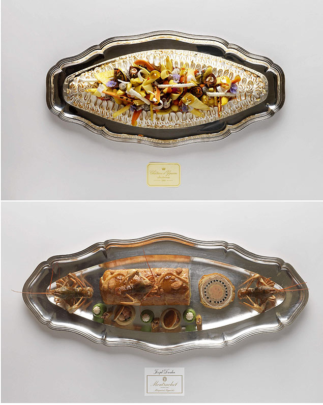 Imagem da sobremesa, uma omelete norueguesa (em cima), e de um dos pratos principais do menu de R$ 3.886