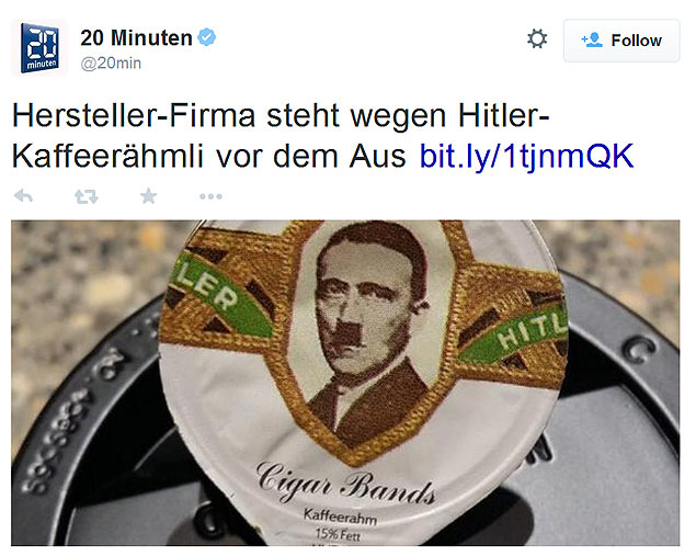 A imagem da embalagem com o rosto do lder nazista foi divulgada pelo jornal "20 minuten"