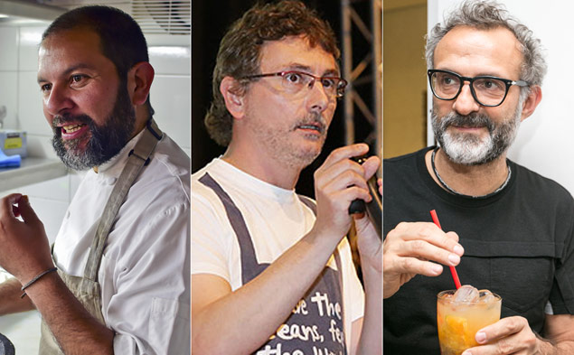 Da esquerda para direita, os chefs Enrique Olvera, Andoni Aduriz e Massimo Bottura 