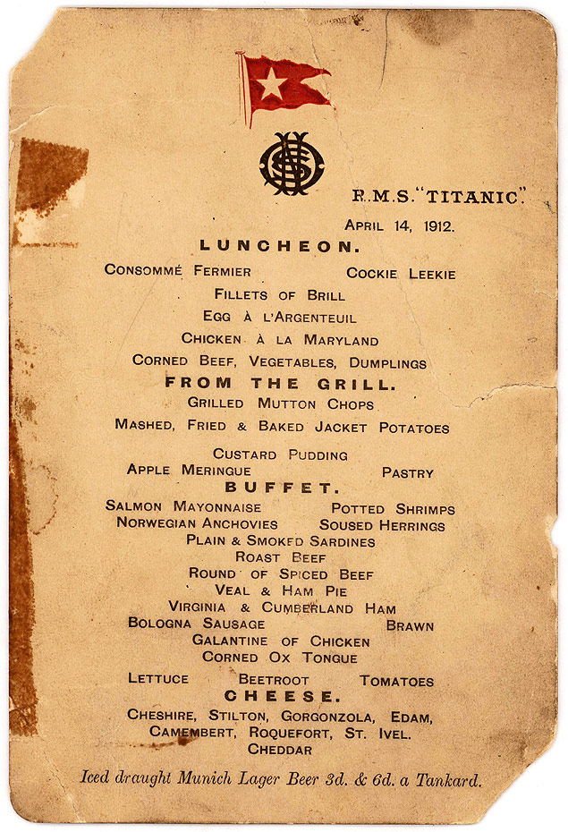 Imagem da Lion Heart Autographs mostra o cardpio do Titanic que ser leiloado