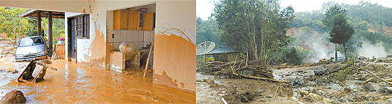 Primeira imagem mostra lama na estrada da casa; outra mostra situao segundos depois do deslizamento 