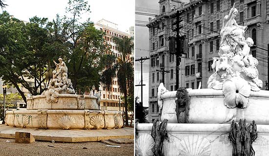  esquerda, a Fonte Monumental, na praa Julio Mesquita, como est hoje e,  direita, o mesmo local, em 1928