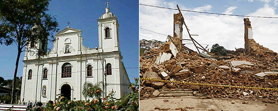 Imagem mostra igreja Matriz antes e depois das cheias que destruram parte de So Luiz do Paraitinga
