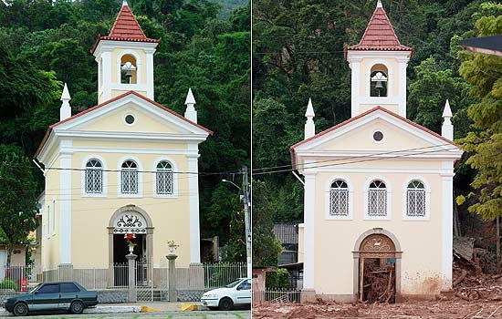 Imagem da igreja de Santo Antnio em dez.2009 e hoje, aps os deslizamentos em NOva Friburgo (RJ); veja mais imagens