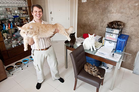 O engenheiro e criador de gatos Hugo Cavalheiro, 35 com seu apartamento em Santos