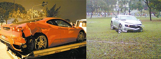 A Ferrari F430 com a traseira batida depois do acidente ocorrido em 2010 e o Chevrolet Camaro após derrubar muro