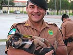Soldado Fernando J. Moreira e o cãozinho Whisky, salvo por ele após ser embriagado em praça de Curitiba (João Carlos Frigério/Divulgação)