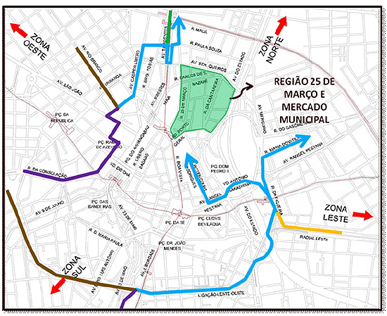 Mapa da CET mostra rotas alternativas que motoristas devem fazer para evitar vias da regio central de So Paulo