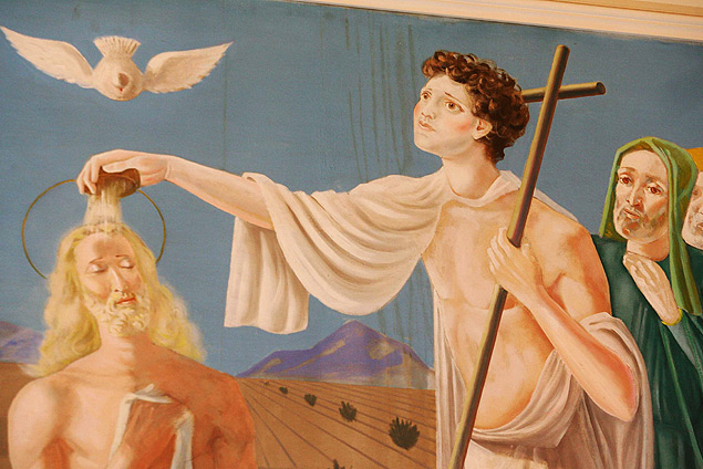 Mancha dgua no detalhe da tela "O Batismo", de Candido Portinari, na Igreja Senhor Bom Jesus da Cana Verde, de Batatais (SP)