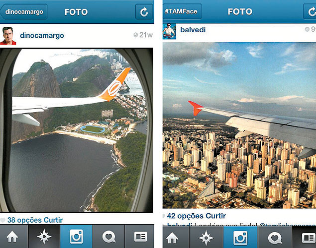 Passageiros fotografam Po de Acar ( esq.)de avio da Gol, e chegada a Londrina, em voo da TAM