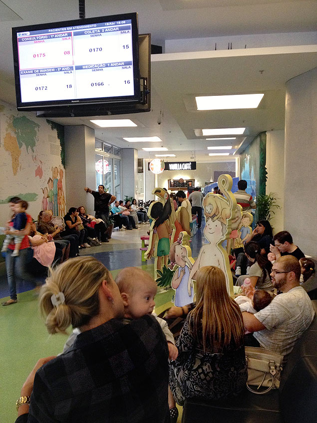 Sala de espera lotada no hospital Infantil Sabará, em Higienópolis; pais esperam horas por atendimento nas unidades particulares de São Paulo