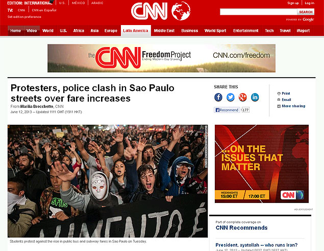 A rede de televiso americana CNN repercute o confronto entre manifestantes do Movimento Passe Livre e a polcia durante protesto realizado ontem