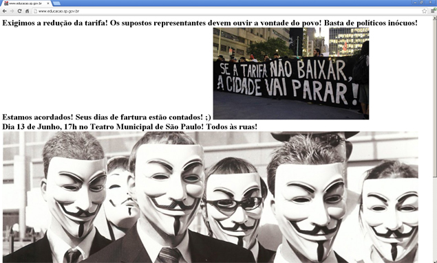 Manifestates contrrios ao aumento das tarifas de transporte pblico invadem site oficial da Secretaria de Educao do Estado de So Paulo 