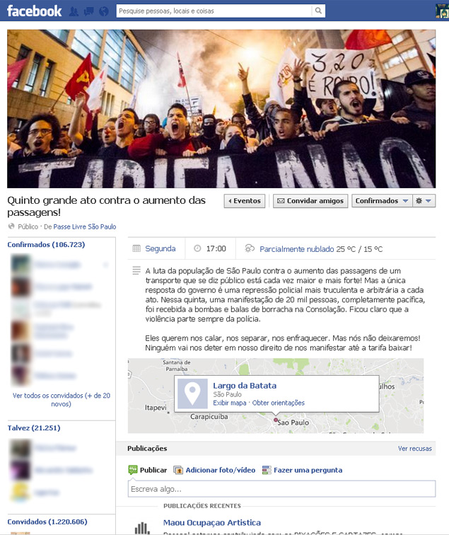 Quinto protesto contra tarifa, marcado para segunda-feira, conta com mais de 100 mil adesões no Facebook