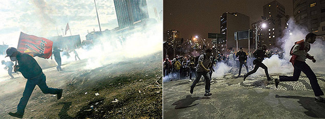 Manifestantes na praa Taskim, em Instambul ( esqu.) e jovens enfrentam bombas de efeito moral durante protesto em So Paulo