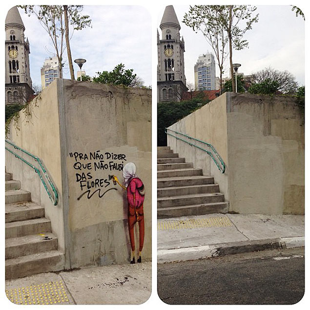 Grafite dos irmos 'osgemeos' feito na praa Roosevelt, centro de So Paulo, e apagado aps quatro dias