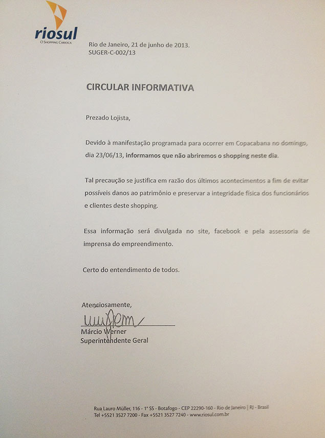 Aviso do shopping Rio Sul sobre fechamento do shopping neste domingo (23); lojistas dizem que medida  indita