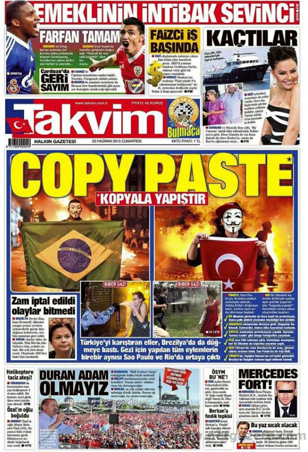 Capa de jornal turco Takvim associa protestos que se espalharam no Brasil com as manifestaes da Turquia