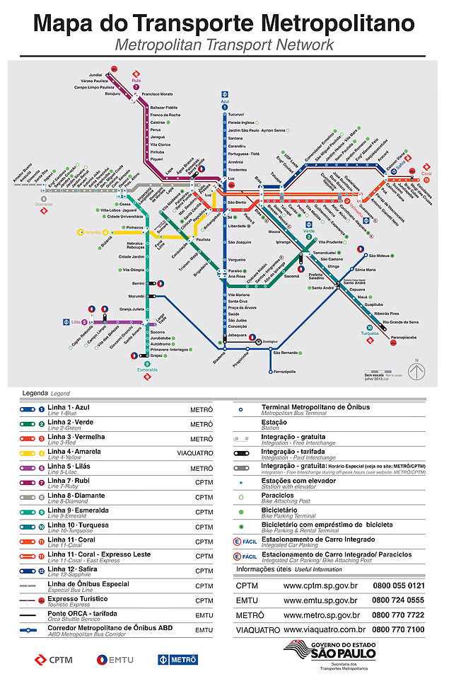 Mapa do Transporte Metropolitano de São Paulo, que inclui metrô, trens e EMTU