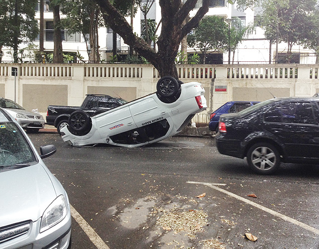 Carro capotado na avenida Higienpolis, em So Paulo