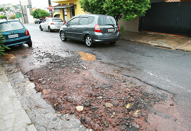 Buraco na rua Bartolomeu de Gusmo, na Vila Tibrio; em Ribeiro; municpio est h um ano sem empresa de tapa-buraco